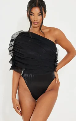 Black Sheer Ruffle One Shoulder Bodysuit