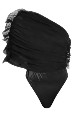 Black Sheer Ruffle One Shoulder Bodysuit