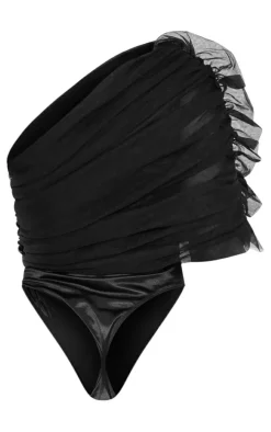 Black Sheer Ruffle One Shoulder Bodysuit