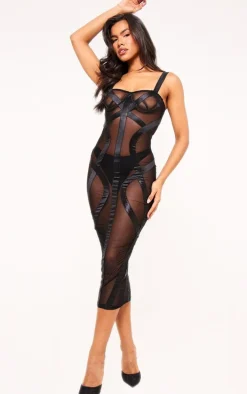 Black Sheer Satin Cupped Detail Midi Dress