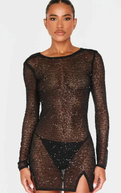 Black Sheer Sequin Cowl Back Shift Dress
