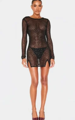Black Sheer Sequin Cowl Back Shift Dress