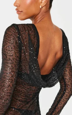 Black Sheer Sequin Cowl Back Shift Dress