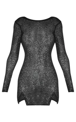 Black Sheer Sequin Cowl Back Shift Dress