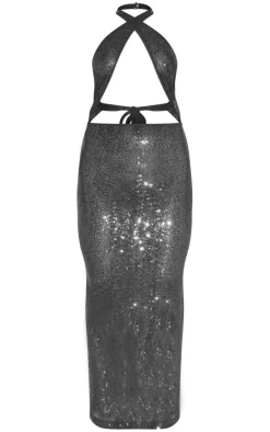 Black Sheer Sequin Cross Neck Cut Out Midaxi Dress