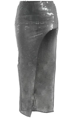 Black Sheer Sequin High Thigh Split Maxi Skirt