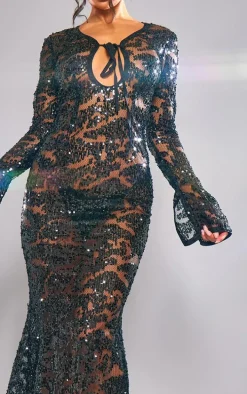 Black Sheer Sequin Long Sleeve Tie Front Maxi Dress