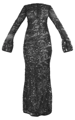 Black Sheer Sequin Long Sleeve Tie Front Maxi Dress