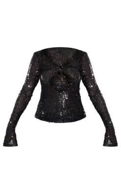 Black Sheer Sequin Plunge Tie Front Cut Out Long Sleeve Long Top