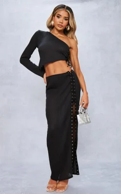 Black Sheer Soft Rib Lace Up Thigh Split Midaxi Skirt