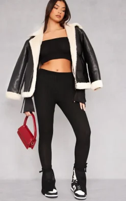 Black Sheer Soft Rib Split Hem Tie Detail Leggings