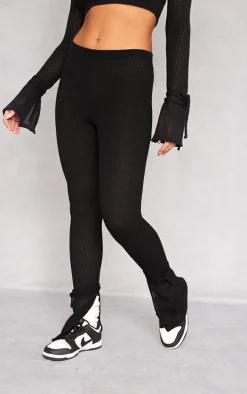 Black Sheer Soft Rib Split Hem Tie Detail Leggings