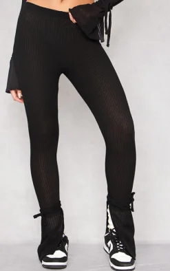Black Sheer Soft Rib Split Hem Tie Detail Leggings