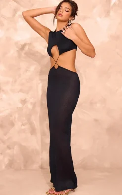 Black Sheer Textured Cut Out Cross Front Maxi Dress