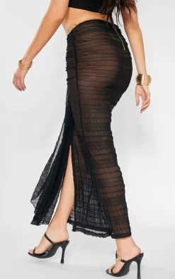 Black Sheer Textured Drape Front Maxi Skirt