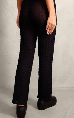 Black Sheer Textured Jersey Straight Leg Pants