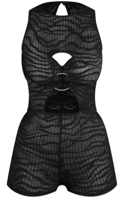 Black Sheer Textured Jersey Ring Detail Cut Out Romper