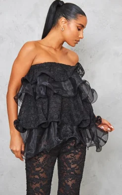 Black Sheer Textured Lace Tiered Ruffle Bandeau