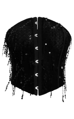 Black Sheer Textured Rib Sequin Detail Hook & Eye Corset
