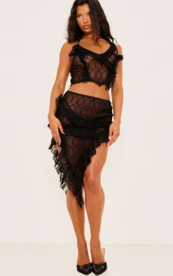 Black Sheer Textured Ruffle Asymmetric Mini Skirt