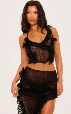 Black Sheer Textured Ruffle Asymmetric Mini Skirt