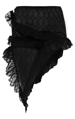 Black Sheer Textured Ruffle Asymmetric Mini Skirt