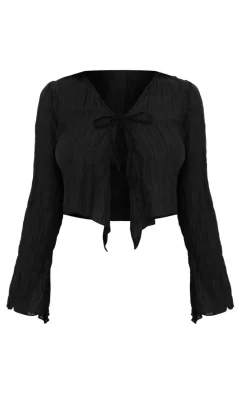 Black Sheer Textured Tie Front Blouse