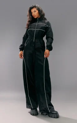 Black Shell Panelling Zip Detail Jumpsuit