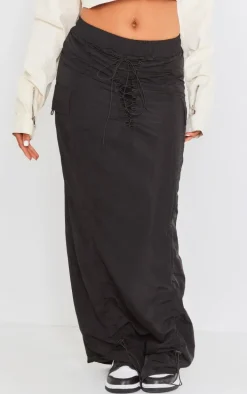 Black Shell Ruched Front Toggle Detail Cargo Maxi Skirt