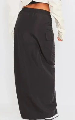 Black Shell Ruched Front Toggle Detail Cargo Maxi Skirt