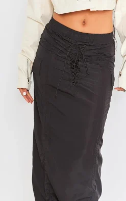 Black Shell Ruched Front Toggle Detail Cargo Maxi Skirt