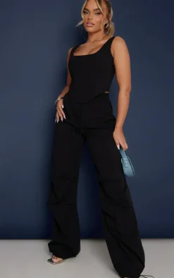 Black Shell Toggle Drawstring Ruched Cargo Pants