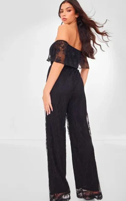 Black Shimmer Floral Lace Bardot Jumpsuit