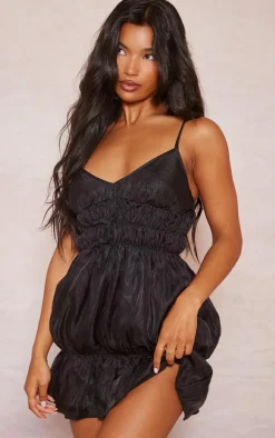 Black Shiny Elasticated Frill Strappy Shift Dress