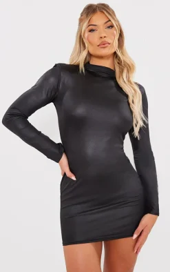 Black Shiny Long Sleeve High Neck Mini Dress