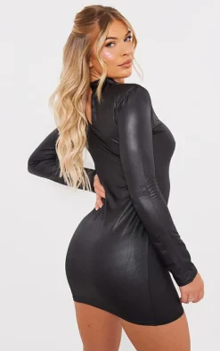 Black Shiny Long Sleeve High Neck Mini Dress