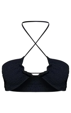 Black Shirred Halter Neck Bikini Top