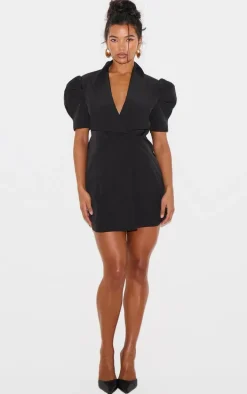 Black Short Sleeve Bow Back Blazer Dress
