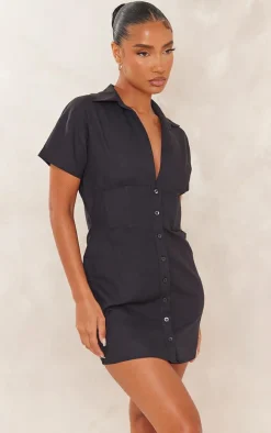 Black Short Sleeve Fitted Waist Linen Look Shirt Dress