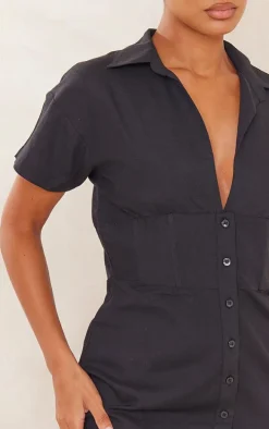 Black Short Sleeve Fitted Waist Linen Look Shirt Dress