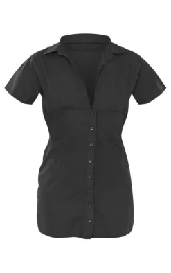 Black Short Sleeve Fitted Waist Linen Look Shirt Dress