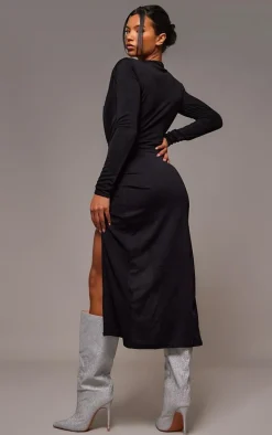 Black Shoulder Pad Long Sleeve Midaxi Dress