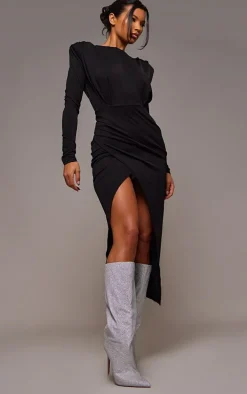Black Shoulder Pad Long Sleeve Midaxi Dress