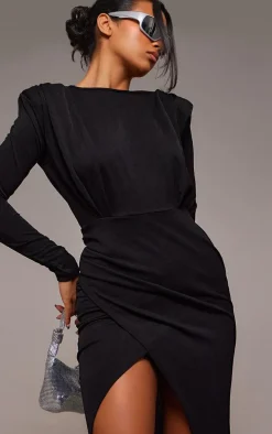 Black Shoulder Pad Long Sleeve Midaxi Dress