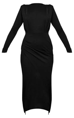 Black Shoulder Pad Long Sleeve Midaxi Dress