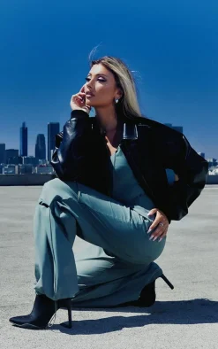 Black Shoulder Padded Cropped Bomber Jacket