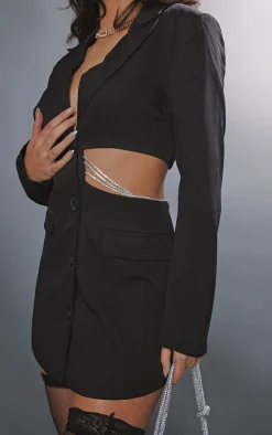 Black Side Cut Out Diamante Strap Detail Blazer Dress