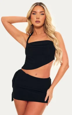 Black Skinny Cowl Hlaterneck Tie Crop