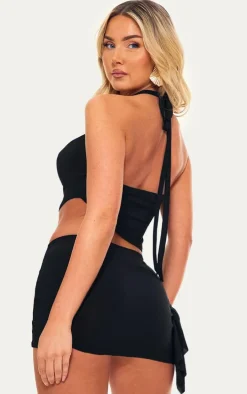 Black Skinny Cowl Hlaterneck Tie Crop