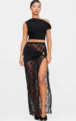 Black Skirt Overlay Detail Lace Maxi Skirt